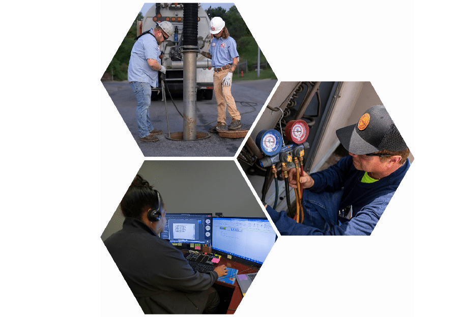 A collage of mechanical contracting professionals in the field and office.