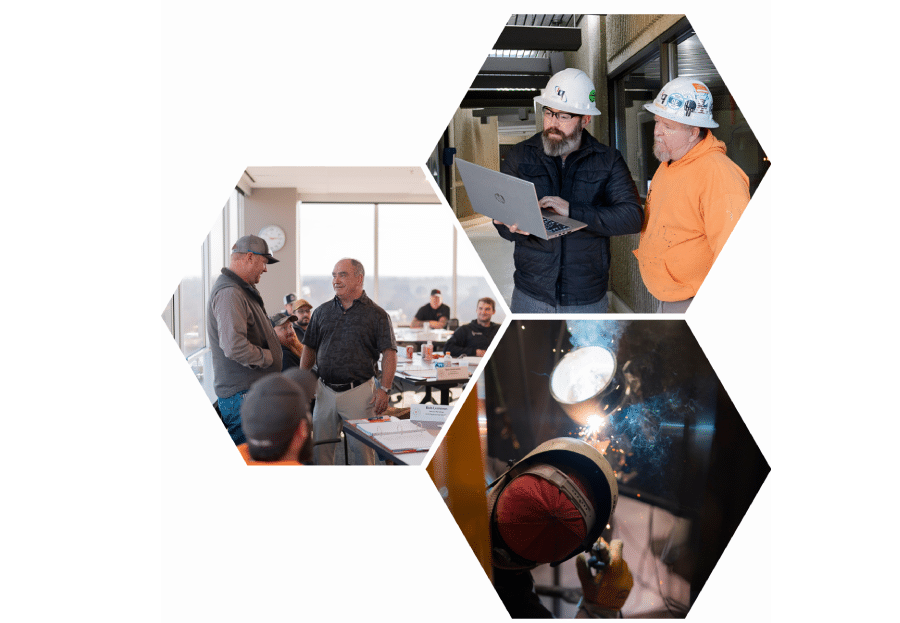 Three hexagon photos of mechanical contractors learning, welding, and working. (2)