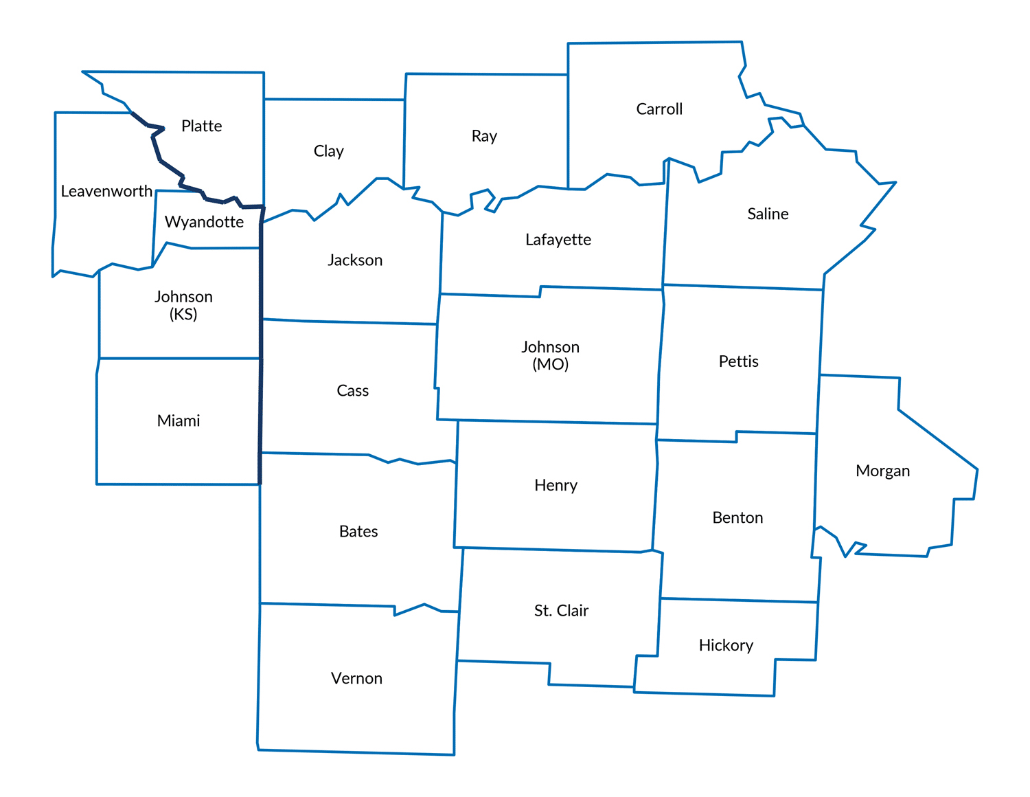 County map of MCAKC territory in Kansas and Missouri.